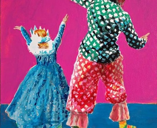 Backs of clown and child in princess dress dancing on pink and blue background