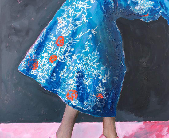 Legs of woman with blue dress and pink shoes, body leaning out of the picture