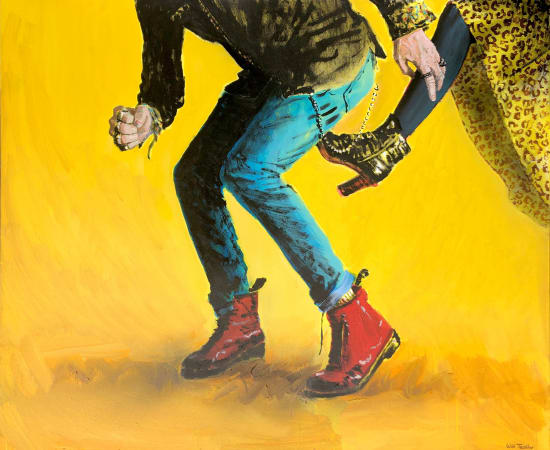 High heeled boot kicking someone on yellow background