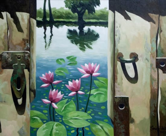 Sanjay Bhattacharya, Lotus pond through the doorway, 2022