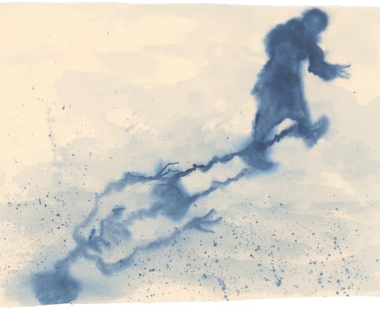 Image d'une estqampe orignale d'Annette Messager représentant un personnage bleu suivi de son ombre squelétique