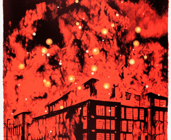Sérigraphie de Myriam Mechita représentant une maison en feu 