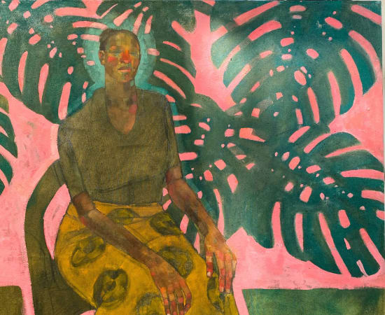 Olivia Mae Pendergast, Woman sitting in Pink with Monstera, 2023