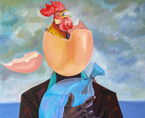 Moses ZIBOR, Broken egg, rooster and golden fish, 2022