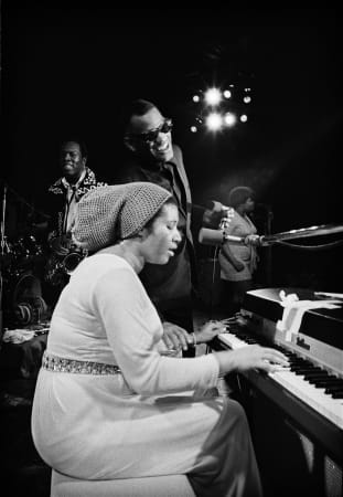 Jim Marshall photograph of Aretha Franklin, Ray Charles and King Curtis performing