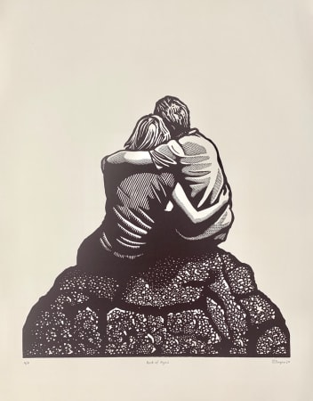 original linocut by printmaker David Frazer, romantic scene of couple on a rock