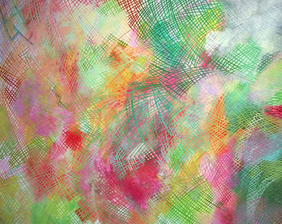 green pink and yellow multi-colour oil painting by artist David Whitaker represented by Rebecca Hossack Gallery