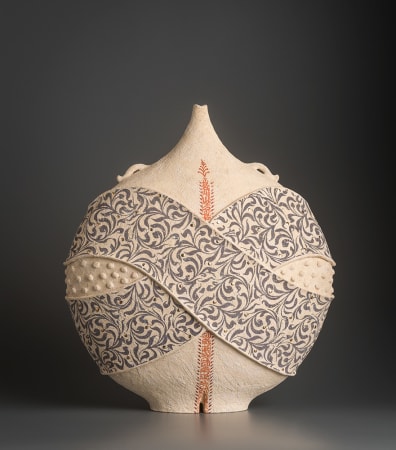 Ceramist Avital Sheffer, from Israel and New South Wales, Australia. Hand-built stone and blue ceramic vase. Earthenware round vessel with middle eastern influence.