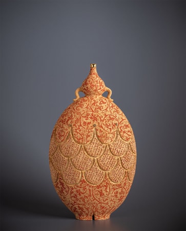 Ceramist Avital Sheffer, from Israel and New South Wales, Australia. Hand built earthenware vessel in a warm orange color with red details. Contemporary sculptural artwork in an organic shape with middle eastern influence. 