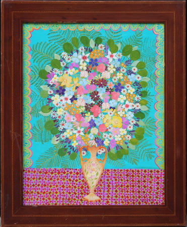 Flowers in a vase on Turquoise Blue Background by Hepzibah Swinford. Represented by Rebecca Hossack Gallery.