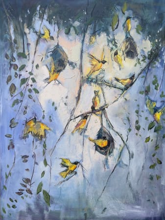 Sophie Walbeoffe, yellow birds hanging on branches