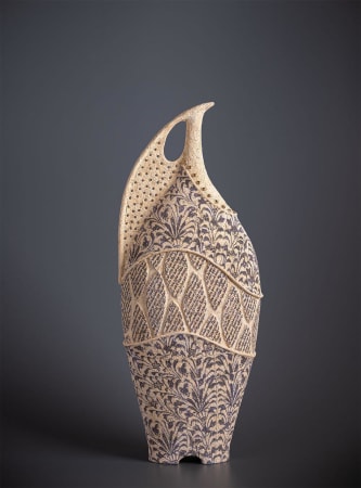 Ceramic vessel by ceramist Avital Sheffer, from Israel and New South Wales, Australia. Hand built stencilled earthenware vessel with a detailed blue pattern. Contemporary artwork with middle eastern influence.