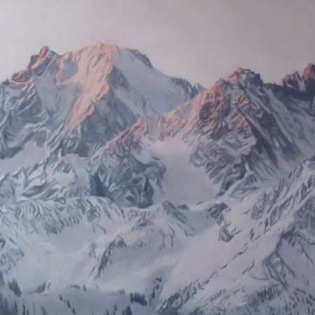 Esther Nienhuis, dutch artist hyperreal oil painting from photograph, of snowy mountain scape.