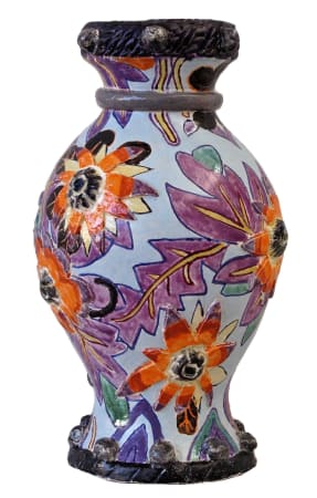 Fons van Laar, Colourful ceramic vase with purple and orange flowers 