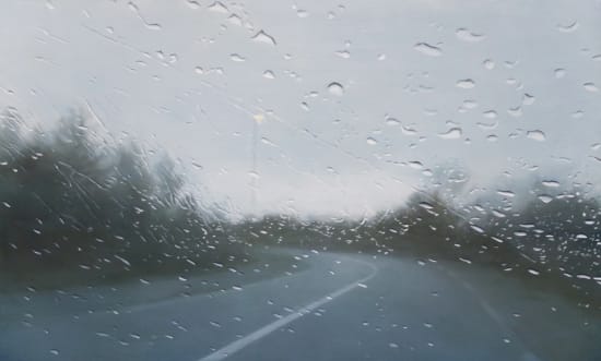Dutch artist Esther Nienhuis, oil on linen of a grey road landscape through rain spotted window