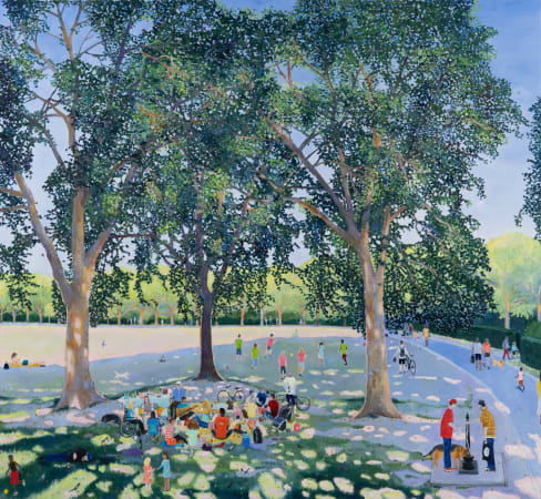 oil painting by British artist Emma Haworth, summer urban scene in park