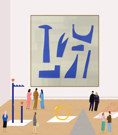 British artist and illustrator Rose Blake's hand-finished print of museum/gallery-scape with blue artwork