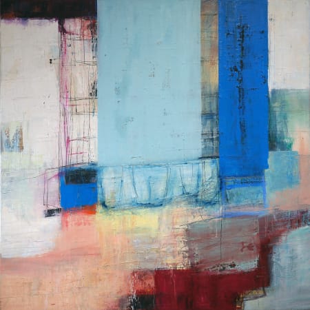 Danish artist Morten Lassen's expressive abstract painting in oil on canvas with bold geometric blue colour and texture