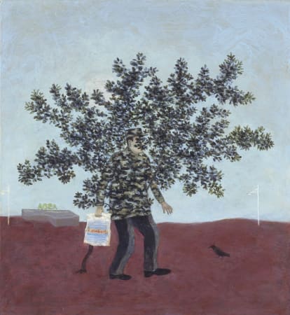 Man camouflaged in tree acrylic paintingby Alasdair Wallace. Represented by Rebecca Hossack Gallery. 