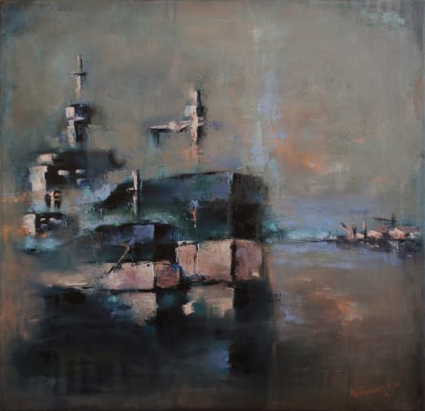 Painting by Tilemachos Kyriazatis of two sombre boats, available at the Rebecca Hossack Art Gallery.