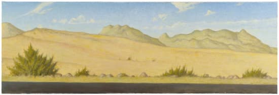 Robert Brownhall, oil on canvas painting of desert with mountains and blue sky. Realism.