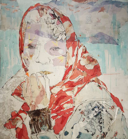 Spanish artist Mersuka Dopazo's collage of female figure with red headscarf from hand-made natural papers and couture fabrics 