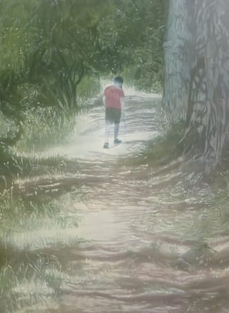 Esther Nienhuis, oil painting on linen of boy figure in sunny summer landscape