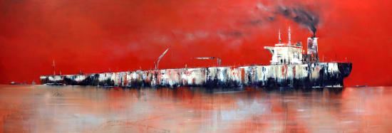 oil on linen by Anne Penman Sweet of a long ship at sea on a red background available at Rebecca Hossack Art Gallery