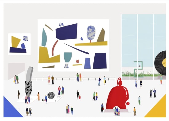 Digitally-designed illustration of a busy museum by Rose Blake. Represented by Rebecca Hossack Gallery.