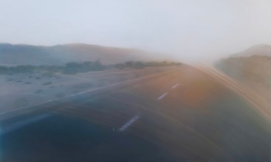 Dutch artist Esther Nienhuis, oil on linen of a highway, sunset landscape, photorealism