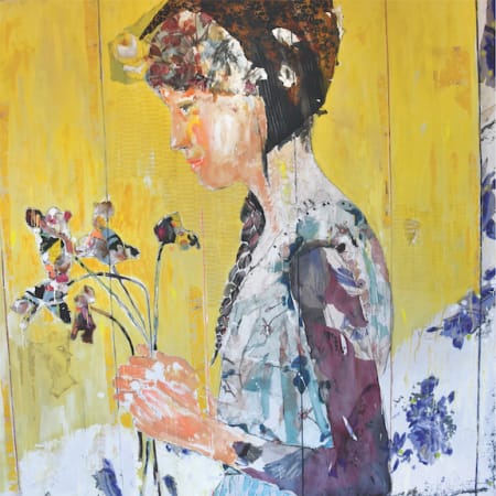 Spanish artist Mersuka Dopazo's collage of woman with flowers from hand-made papers and couture fabric in yellow 