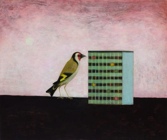 Large bird and Apartment block acrylic painting (