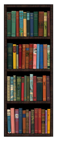 Phil Shaw British artist digitally configurated images of books in bookshels with text on spine colour