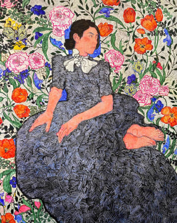 Nikoleta Sekulovic, acrylic on canvas. Female nude sat on William Morris background, work has similarities with Egon Schiele and studies by Gustav Klimt. Woman in dress against flowery background..