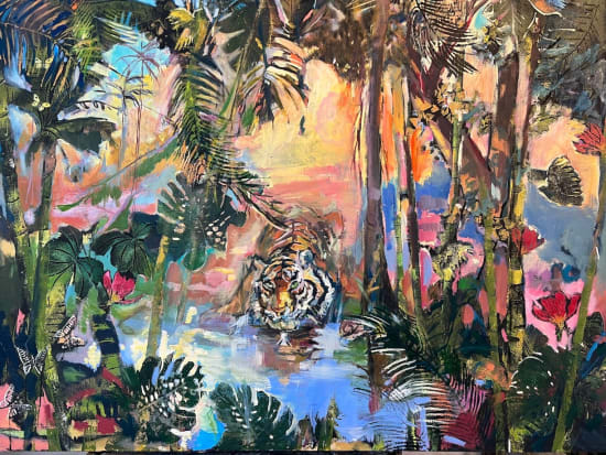 Sophie Walbeoffe colourful oil painting of tiger in stream with beautiful flowers and leaves