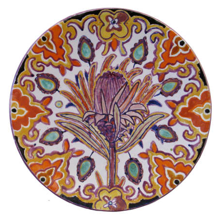 Fons van Laar, Colourful ceramic plate with central purple flower and orange details
