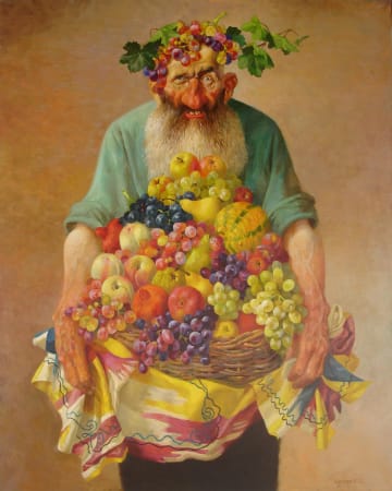 multi-colour oil painting of a man with a basket of fruit by artist Bakhtiyor Umarov represented by Rebecca Hossack Gallery