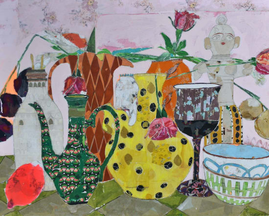 Spanish artist Mersuka Dopazo's collage of still-life vases from hand-made natural papers and couture fabric in green and yellow colour 