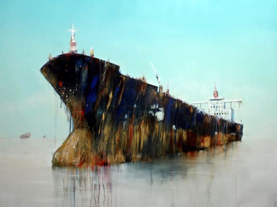 oil on linen by Anne Penman Sweet of a shipwreck on a blue sky background available at Rebecca Hossack Art Gallery