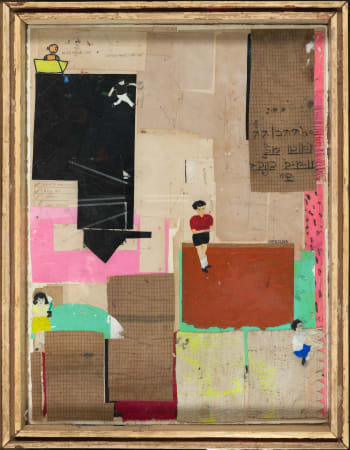Spanish artist Mersuka Dopazo's abstract collage from  hand-made natural papers and couture fabric and oil on canvas in pink brown and green colours  