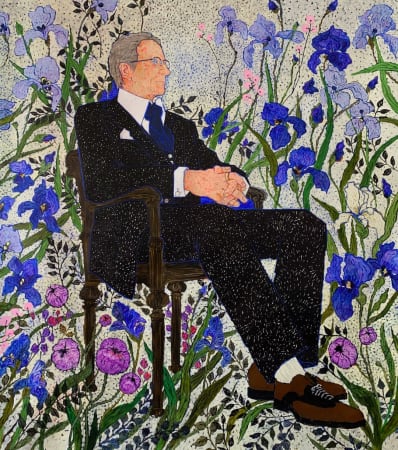 Nikoleta Sekulovic painting of E.M Foster sat on chair surrounded by blue and purple flowers 
