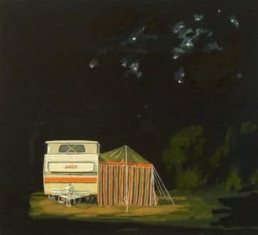 Australian artist David Frazer, oil on linen painting of Caravan and Camp at night