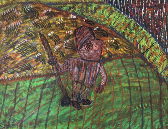 gouache paint on paper by Shafique Uddin of a farmer in his green land avaialble at Rebecca Hossack Art Gallery 
