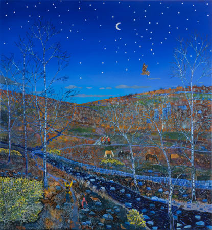 oil on canvas painting by British artist Emma Haworth, starry night scene, landscape
