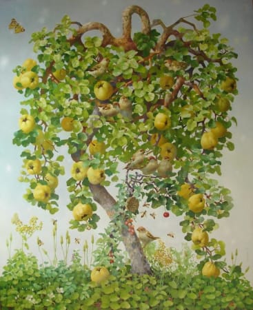 multi-colour oil painting of a apple tree by artist Bakhtiyor Umarov represented by Rebecca Hossack Gallery