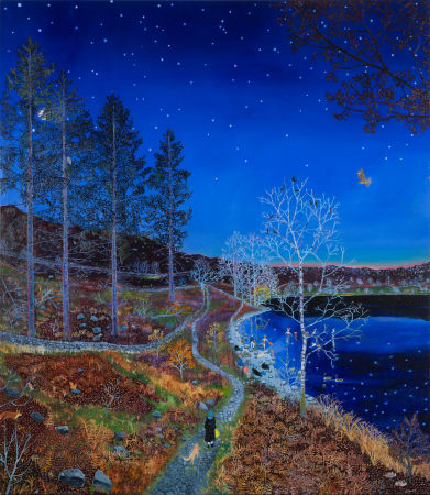 Oil on canvas, British female painter Emma Haworth nighttime autumn landscape with starry sky