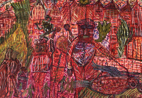gouache paint on paper by Shafique Uddin of men with fish and frog on a red background available at Rebecca Hossack Art Gallery 