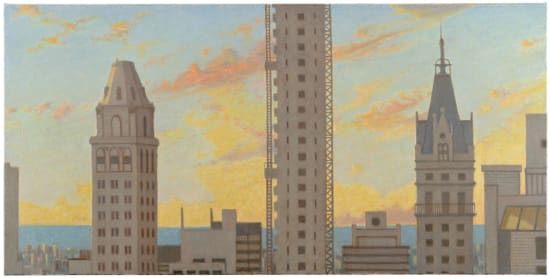Robert Brownhall oil on canvas, painting of New York skyscrapers. Realism.