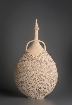 Ceramist Avital Sheffer, from Israel and New South Wales, Australia. Contemporary beige sculpture, earthenware vessel, architectural ceramic artwork with middle Eastern influences.