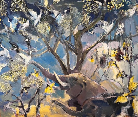 Sophie Walbeoffe, elephants under a tree with birds